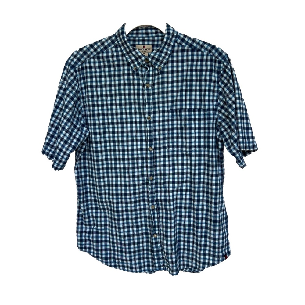 Woolrich Mens Button Down Shirt Large Plaid Blue 100% Cotton Short Sleeve Casual